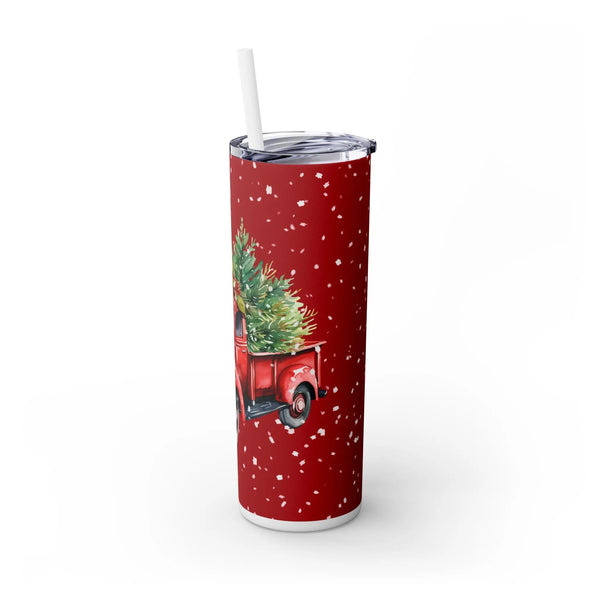 Christmas Tumblers - Vintage Red Pickup Truck with Christmas Tree and Snowflakes for Holiday Cheer