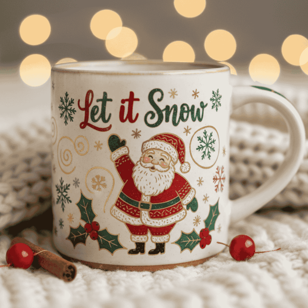 Christmas-themed mug with Santa Claus design and 'Let it Snow' text, surrounded by festive decorations.
