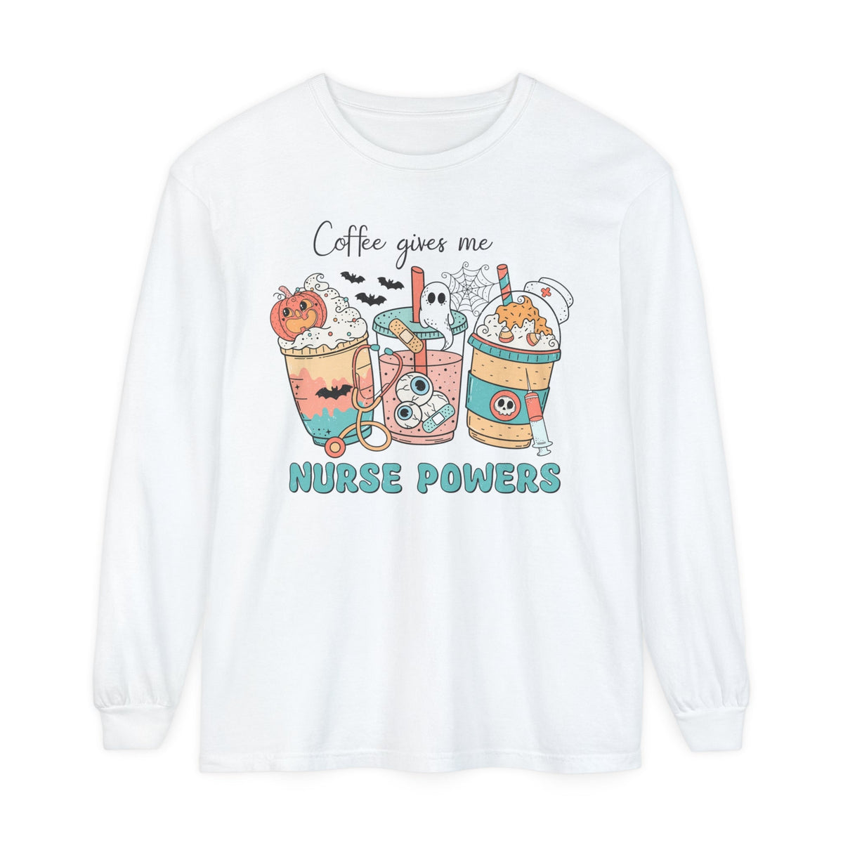 Coffee Gives Me Nurse Powers Halloween Long Sleeve T-Shirt - Spooky Nurse Life Tee