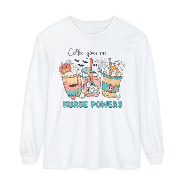 Coffee Gives Me Nurse Powers Halloween Long Sleeve T-Shirt - Spooky Nurse Life Tee