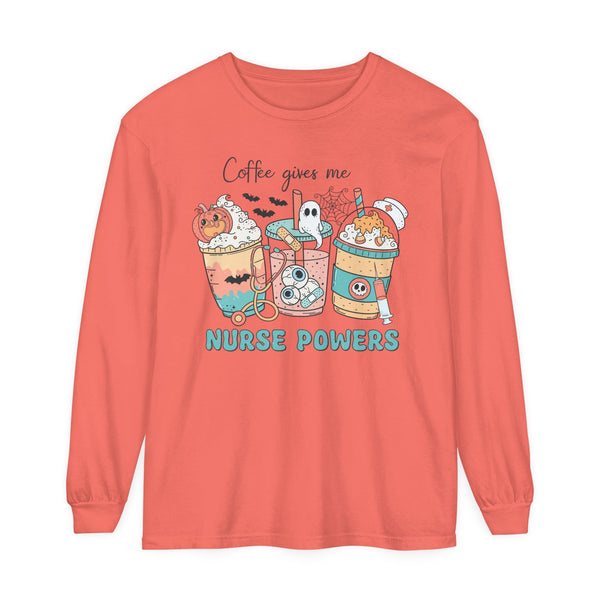 Coffee Gives Me Nurse Powers Halloween Long Sleeve T-Shirt - Spooky Nurse Life Tee