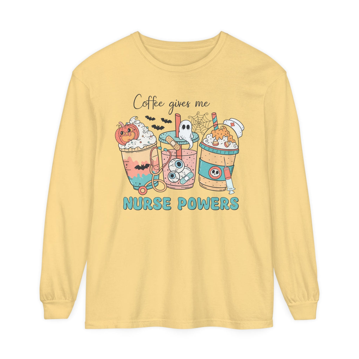 Coffee Gives Me Nurse Powers Halloween Long Sleeve T-Shirt - Spooky Nurse Life Tee