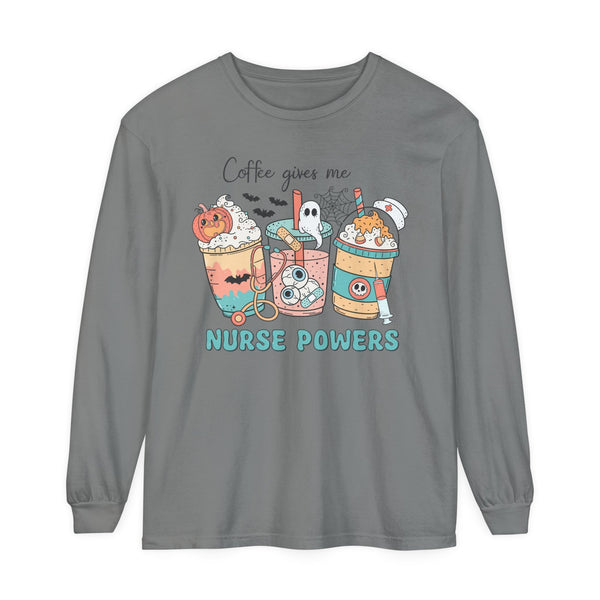 Coffee Gives Me Nurse Powers Halloween Long Sleeve T-Shirt - Spooky Nurse Life Tee