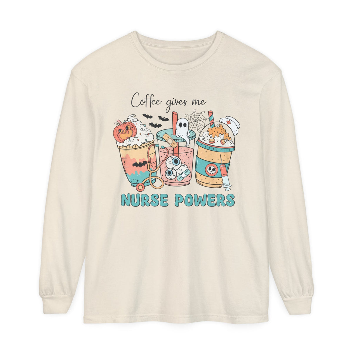 Coffee Gives Me Nurse Powers Halloween Long Sleeve T-Shirt - Spooky Nurse Life Tee