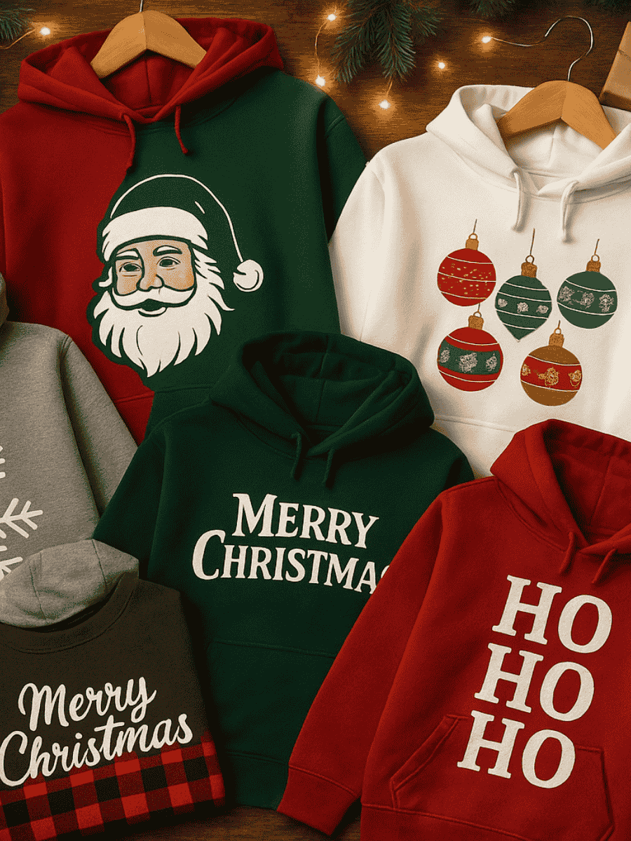 Collection of Christmas-themed hoodies on hangers with festive designs.