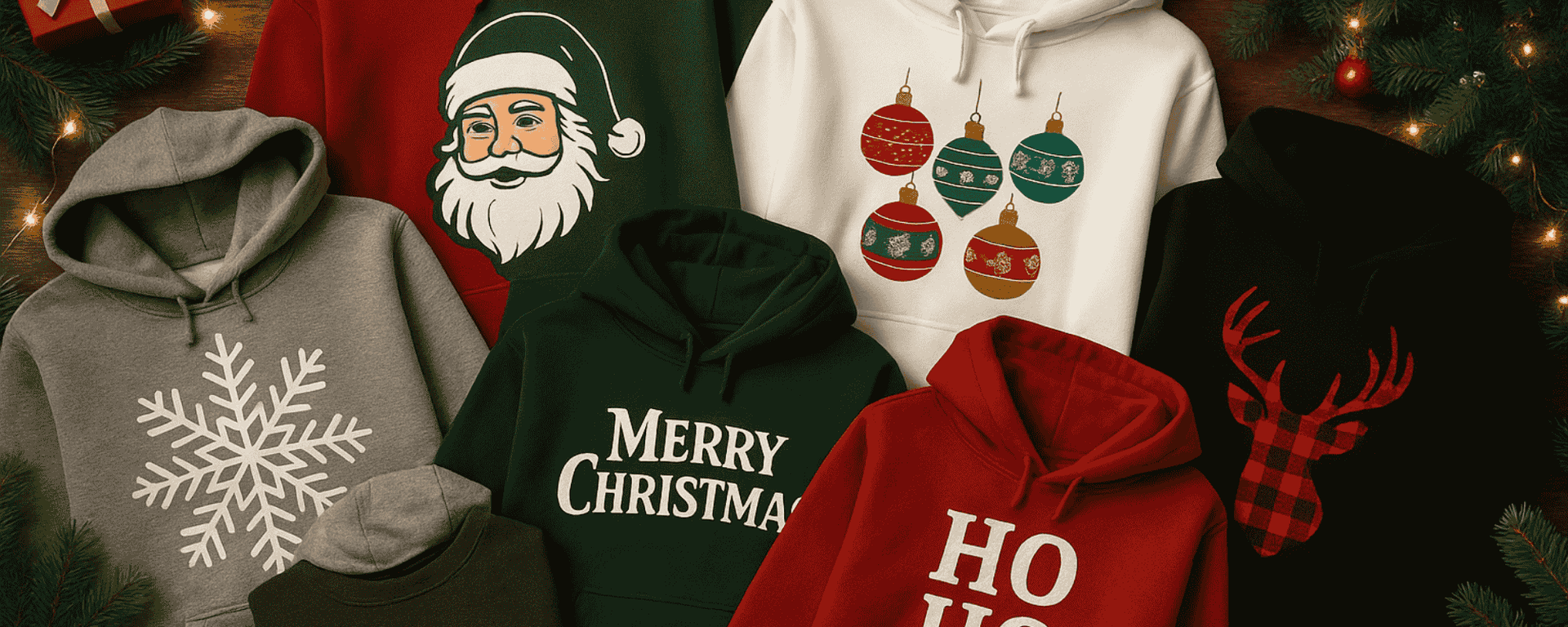  Collection of Christmas-themed hoodies with various designs on a festive background.