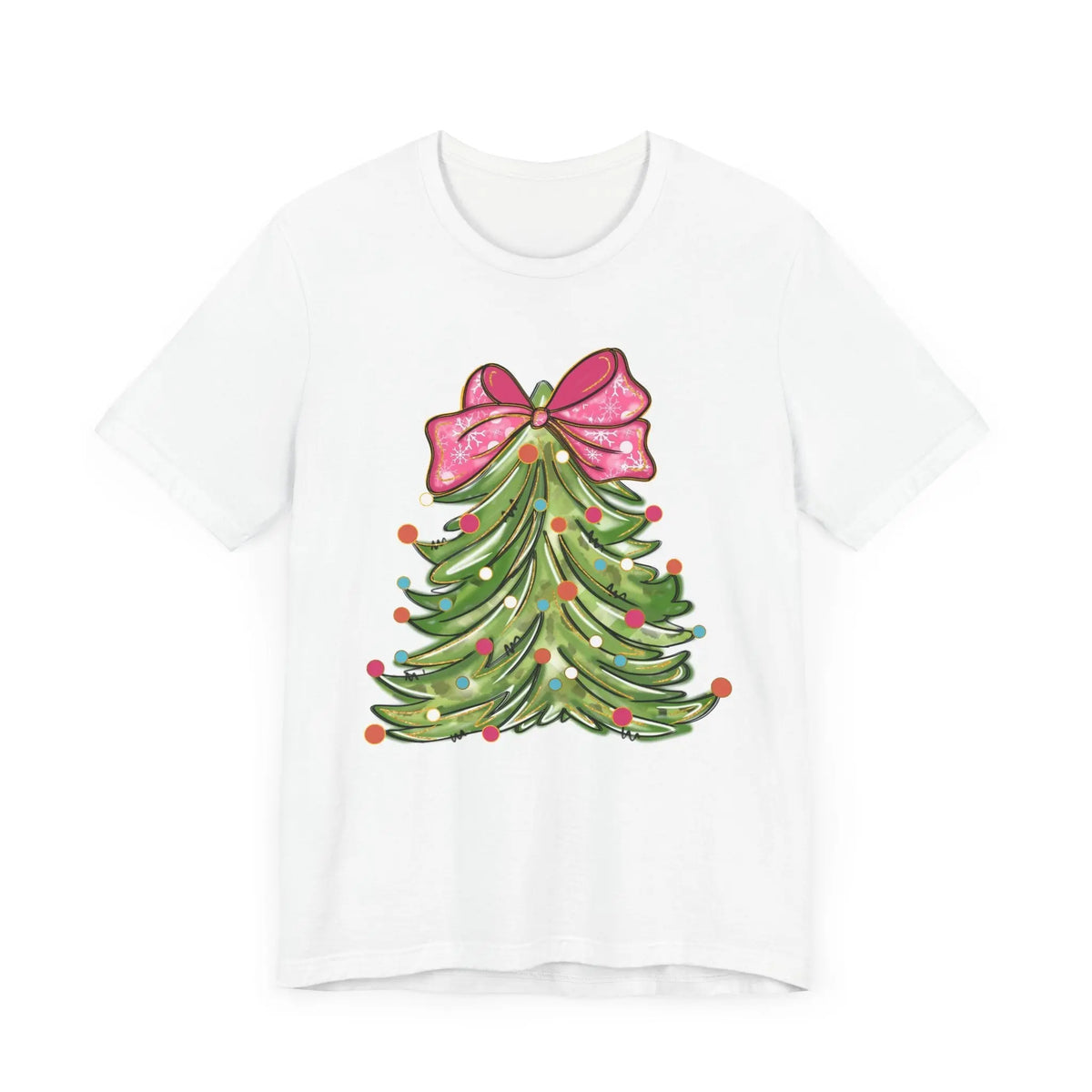 Colorful Christmas Tree with Pink Bow - Festive Holiday Decor Featuring Bright Ornaments and Lights