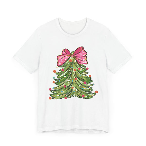 Colorful Christmas Tree with Pink Bow - Festive Holiday Decor Featuring Bright Ornaments and Lights