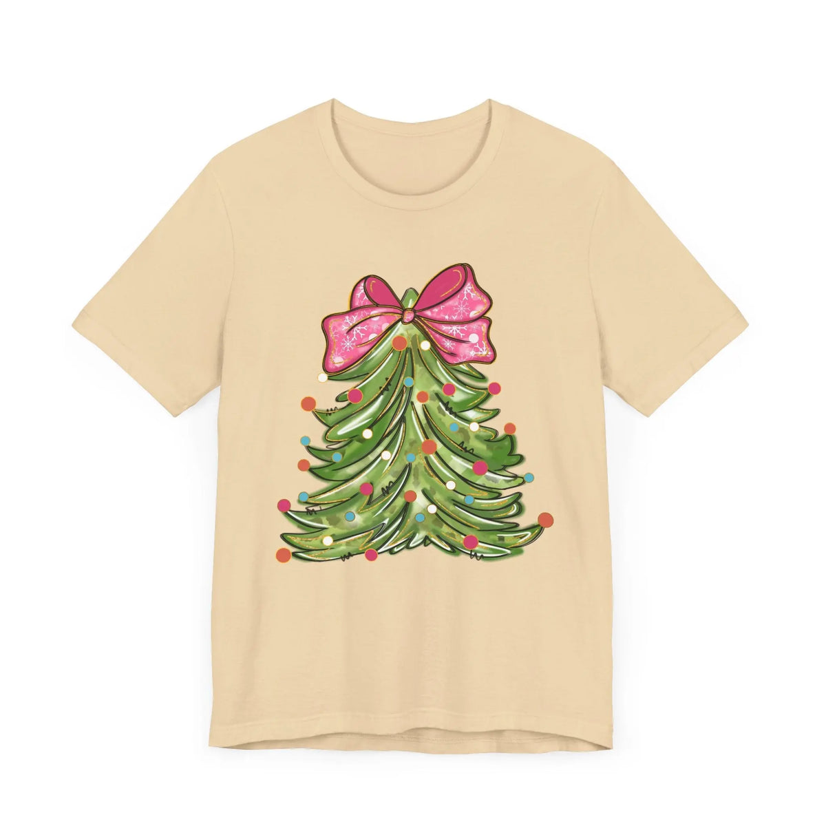 Colorful Christmas Tree with Pink Bow - Festive Holiday Decor Featuring Bright Ornaments and Lights
