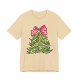 Colorful Christmas Tree with Pink Bow - Festive Holiday Decor Featuring Bright Ornaments and Lights