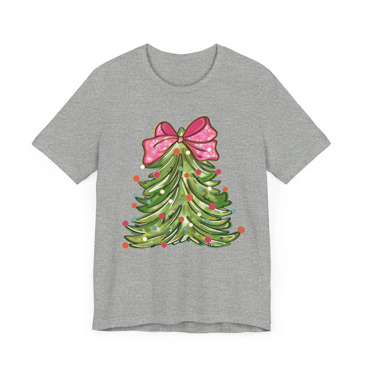 Colorful Christmas Tree with Pink Bow - Festive Holiday Decor Featuring Bright Ornaments and Lights