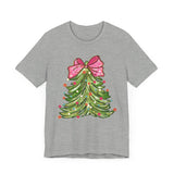 Colorful Christmas Tree with Pink Bow - Festive Holiday Decor Featuring Bright Ornaments and Lights