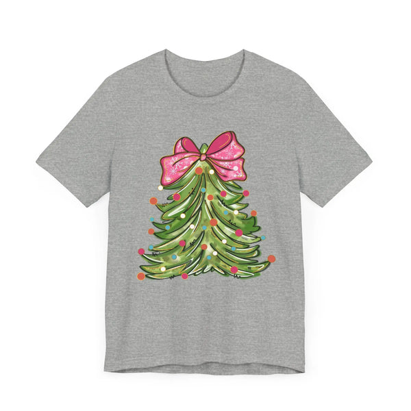 Colorful Christmas Tree with Pink Bow - Festive Holiday Decor Featuring Bright Ornaments and Lights