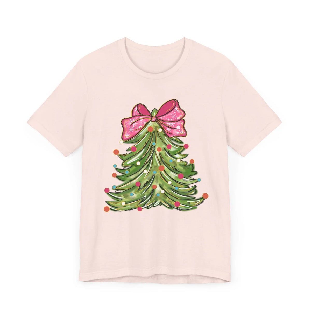 Colorful Christmas Tree with Pink Bow - Festive Holiday Decor Featuring Bright Ornaments and Lights