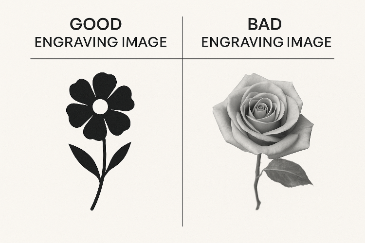 Comparison of good and bad engraving images of a flower and rose.