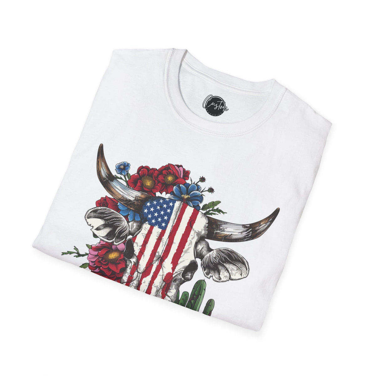 Cow Skull - 4th of July shirt, USA flag shirt, Red white blue tee, Patriotic - t-shirt, American pride tee