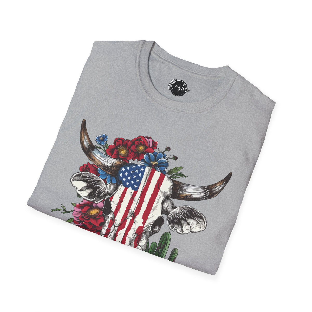 Cow Skull - 4th of July shirt, USA flag shirt, Red white blue tee, Patriotic - t-shirt, American pride tee