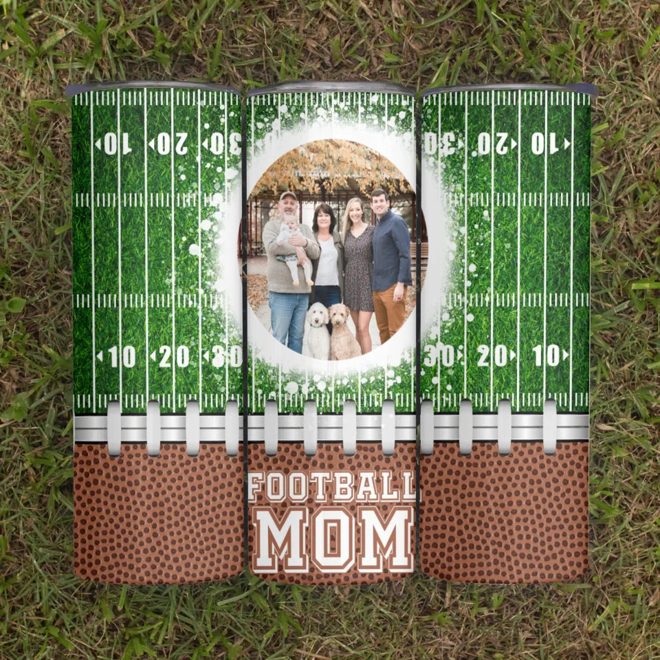 Custom Football Mom Tumbler - Personalized Photo Sports Gift for Moms, Football Field Design, Game Day Mom Gift,