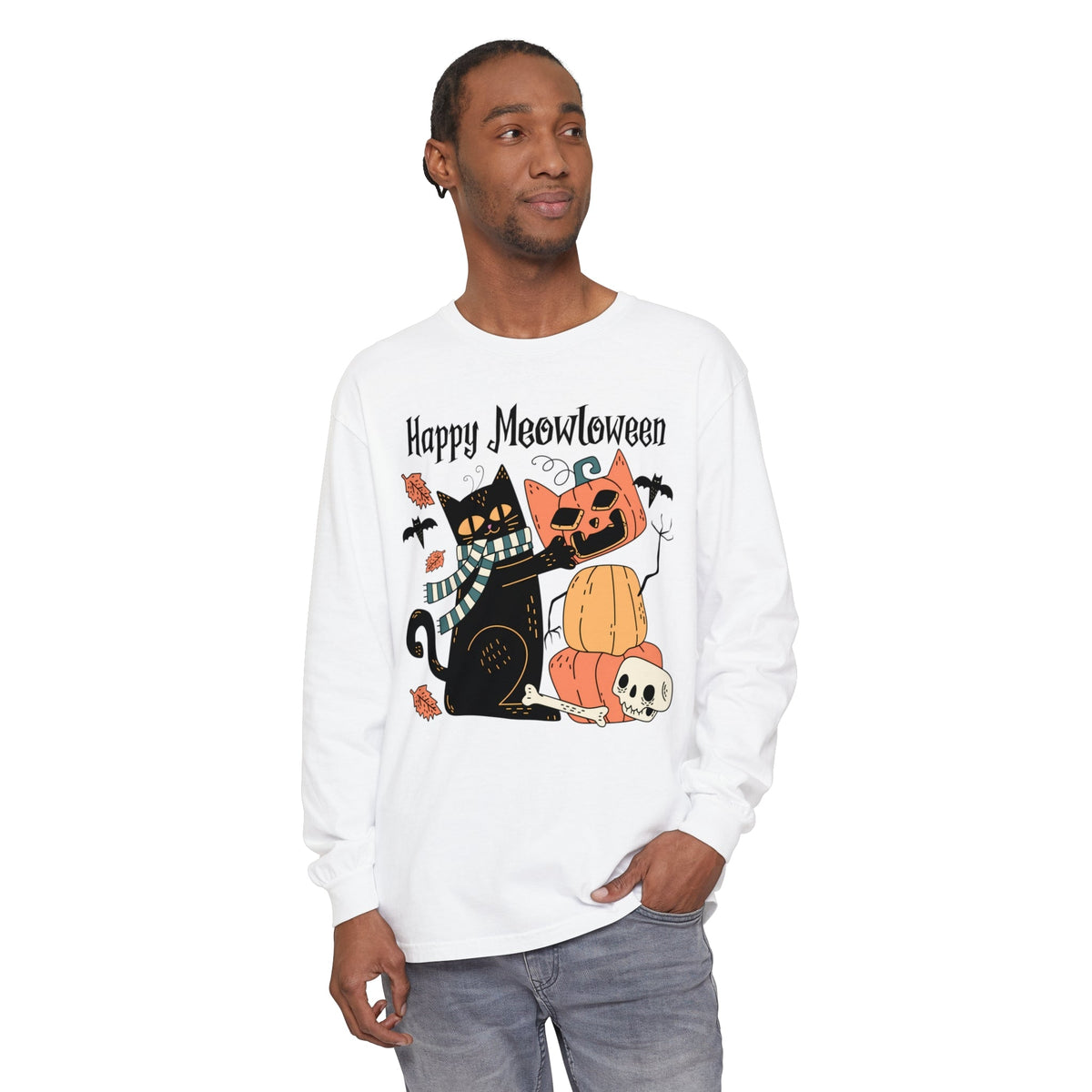 Cute Black Cat Halloween Long Sleeve T-Shirt - Pumpkin Stack & Scarf Cozy Cat Graphic Tee