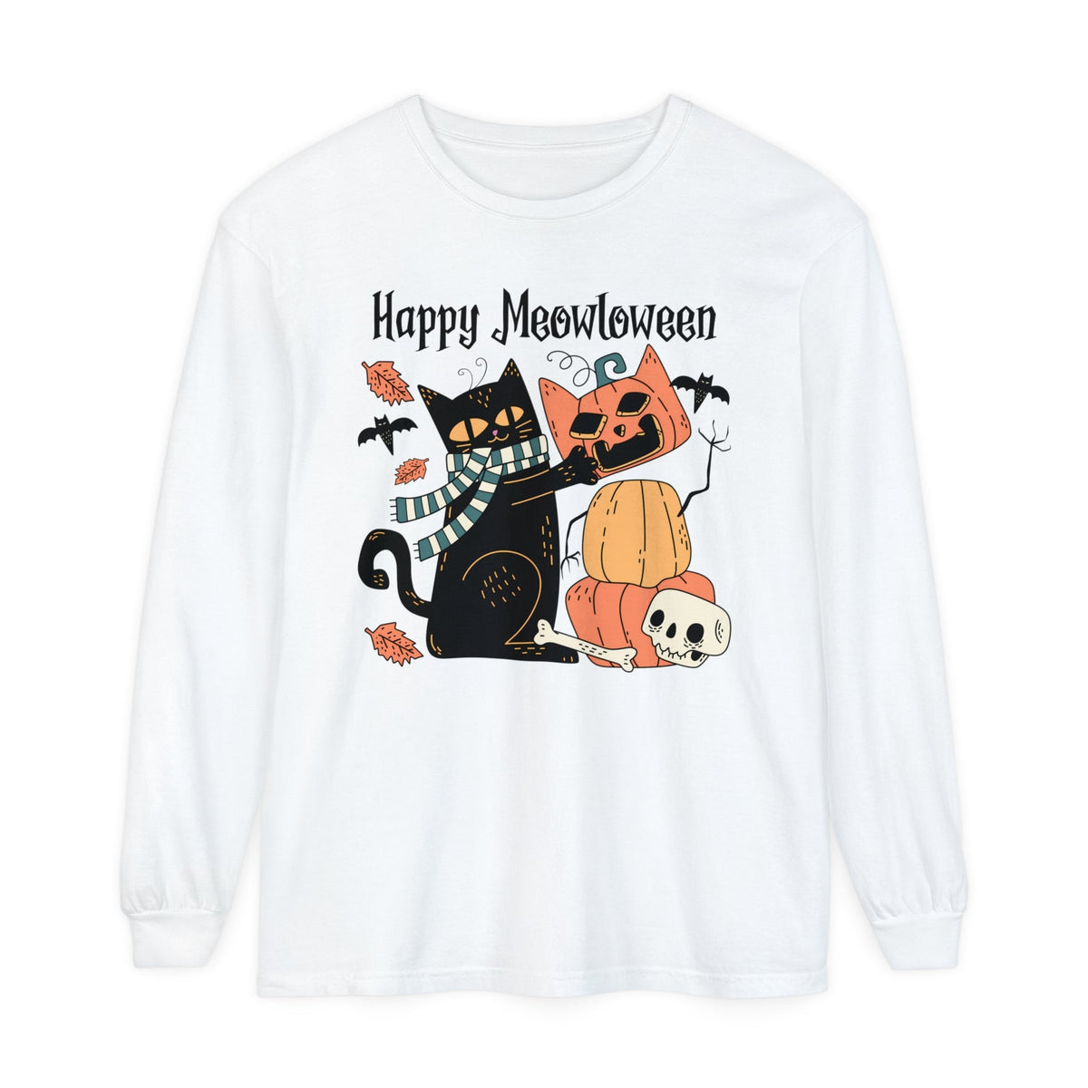 Cute Black Cat Halloween Long Sleeve T-Shirt - Pumpkin Stack & Scarf Cozy Cat Graphic Tee