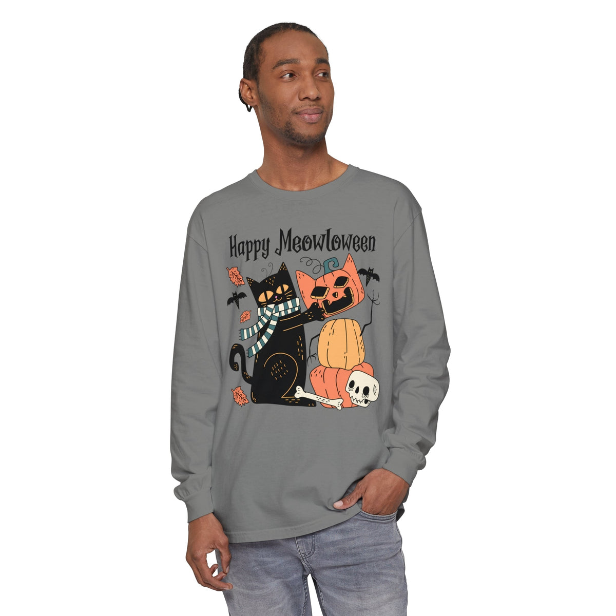 Cute Black Cat Halloween Long Sleeve T-Shirt - Pumpkin Stack & Scarf Cozy Cat Graphic Tee