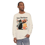 Cute Black Cat Halloween Long Sleeve T-Shirt - Pumpkin Stack & Scarf Cozy Cat Graphic Tee