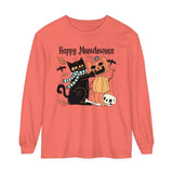 Cute Black Cat Halloween Long Sleeve T-Shirt - Pumpkin Stack & Scarf Cozy Cat Graphic Tee