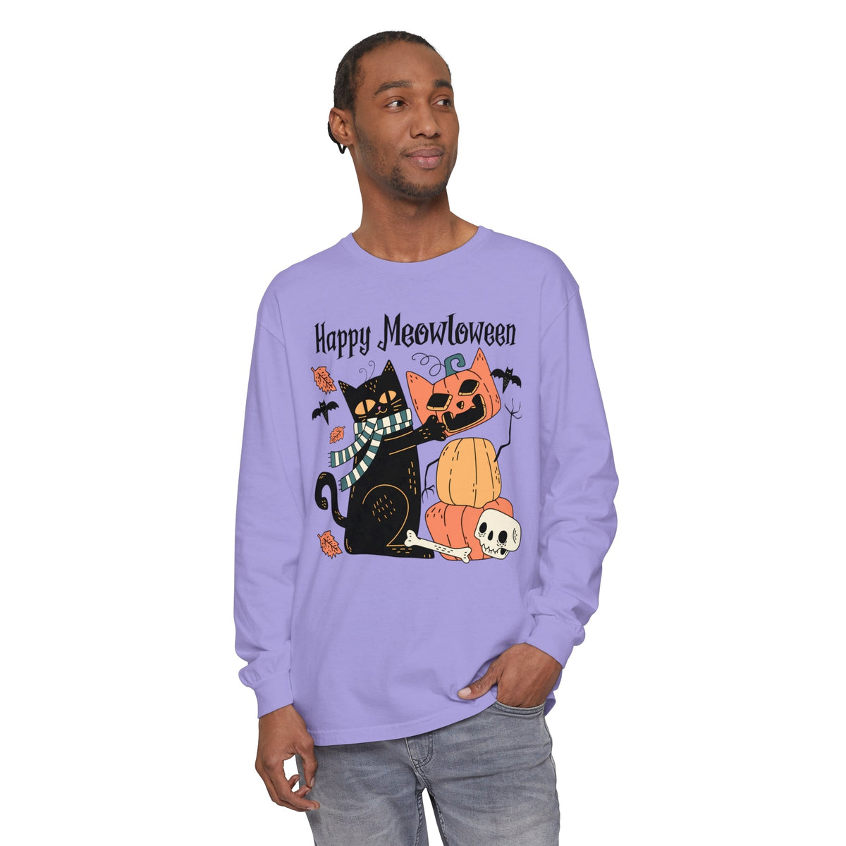 Cute Black Cat Halloween Long Sleeve T-Shirt - Pumpkin Stack & Scarf Cozy Cat Graphic Tee