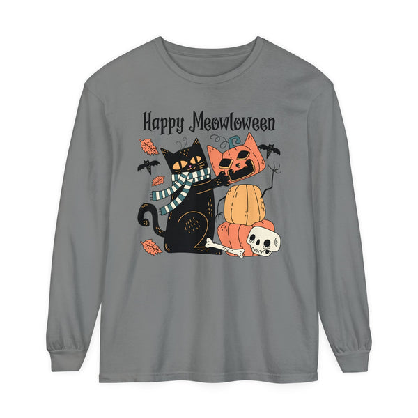 Cute Black Cat Halloween Long Sleeve T-Shirt - Pumpkin Stack & Scarf Cozy Cat Graphic Tee