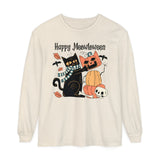 Cute Black Cat Halloween Long Sleeve T-Shirt - Pumpkin Stack & Scarf Cozy Cat Graphic Tee