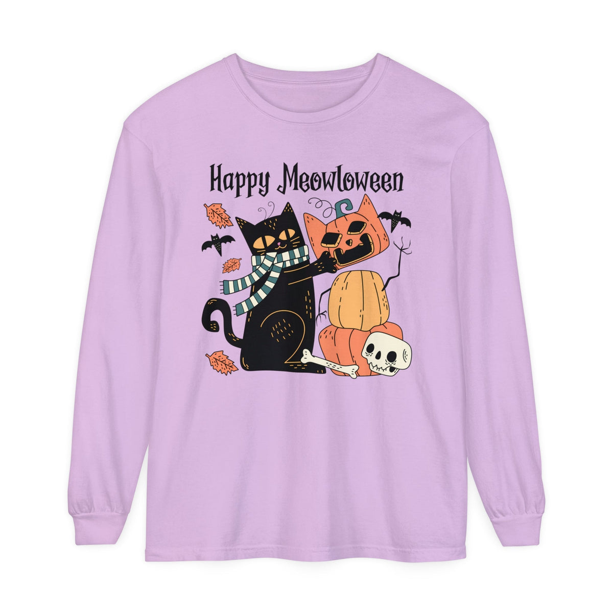 Cute Black Cat Halloween Long Sleeve T-Shirt - Pumpkin Stack & Scarf Cozy Cat Graphic Tee