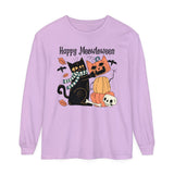 Cute Black Cat Halloween Long Sleeve T-Shirt - Pumpkin Stack & Scarf Cozy Cat Graphic Tee