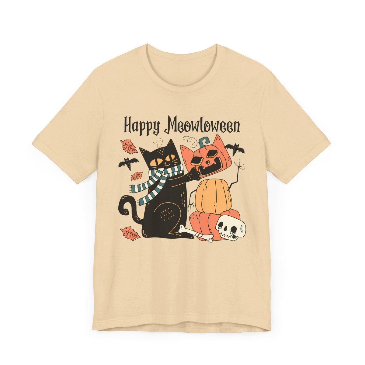 Cute Black Cat Halloween Shirt - Pumpkin Stack & Scarf Cozy Cat Graphic Tee