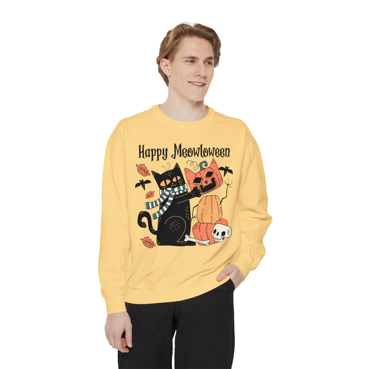 Cute Black Cat Halloween Sweatshirt - Pumpkin Stack & Scarf Cozy Cat Graphic Sweater