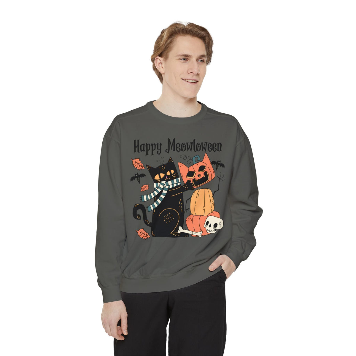 Cute Black Cat Halloween Sweatshirt - Pumpkin Stack & Scarf Cozy Cat Graphic Sweater