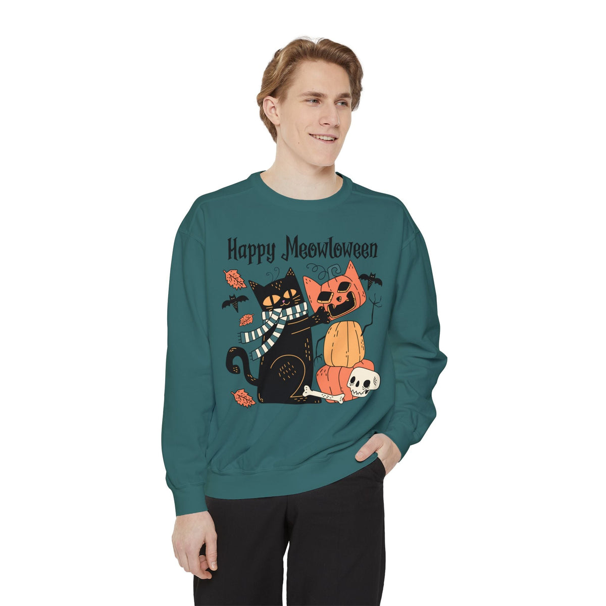 Cute Black Cat Halloween Sweatshirt - Pumpkin Stack & Scarf Cozy Cat Graphic Sweater