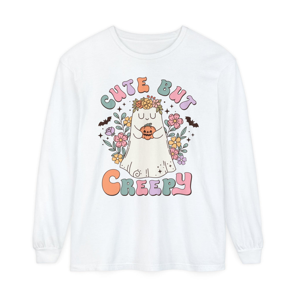 Cute But Creepy Halloween Long Sleeve T-Shirt - Floral Ghost with Pumpkin Graphic Tee