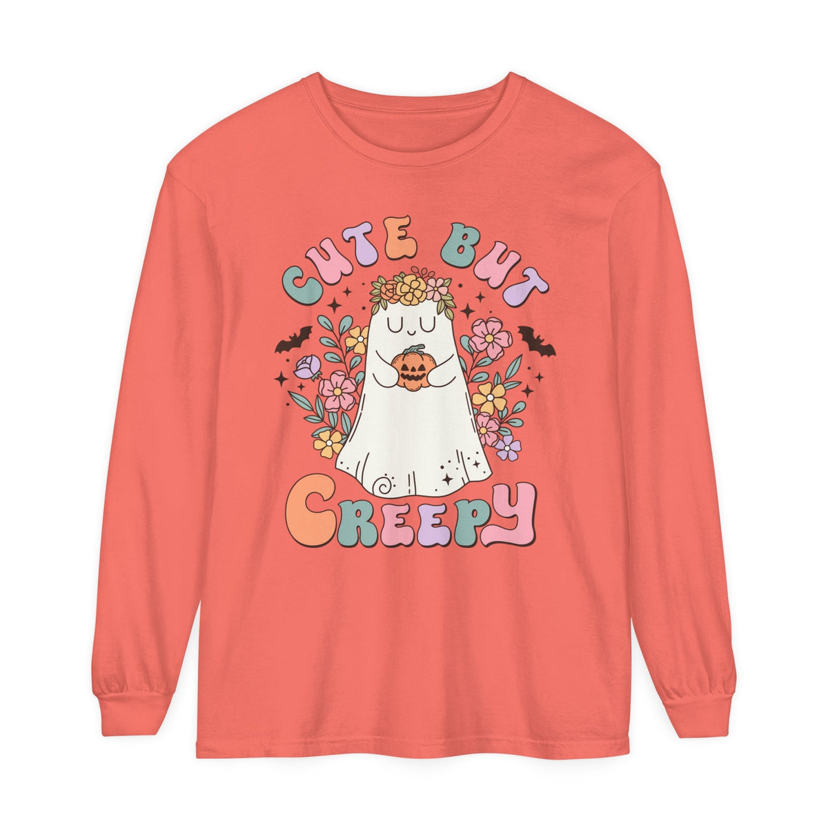 Cute But Creepy Halloween Long Sleeve T-Shirt - Floral Ghost with Pumpkin Graphic Tee