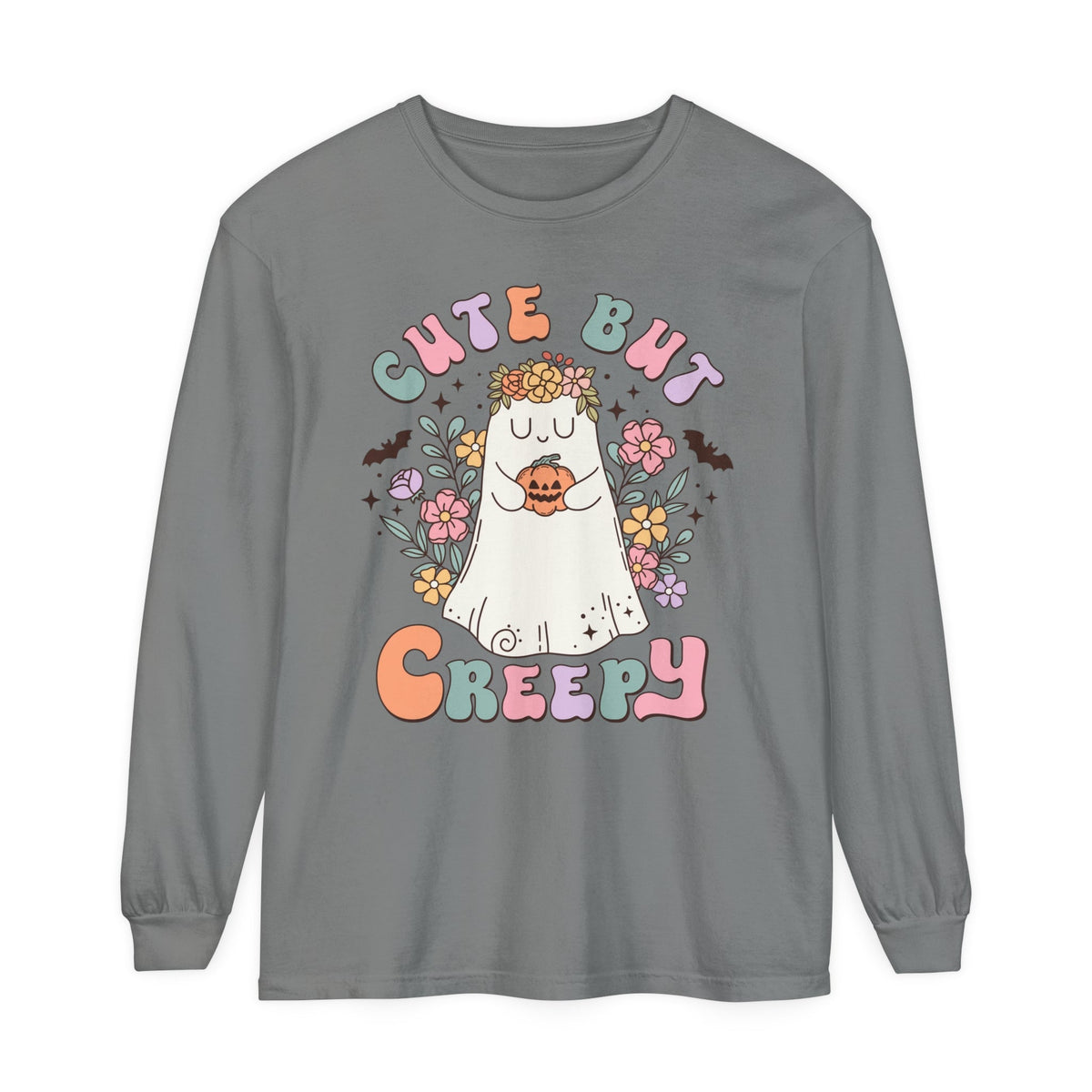 Cute But Creepy Halloween Long Sleeve T-Shirt - Floral Ghost with Pumpkin Graphic Tee