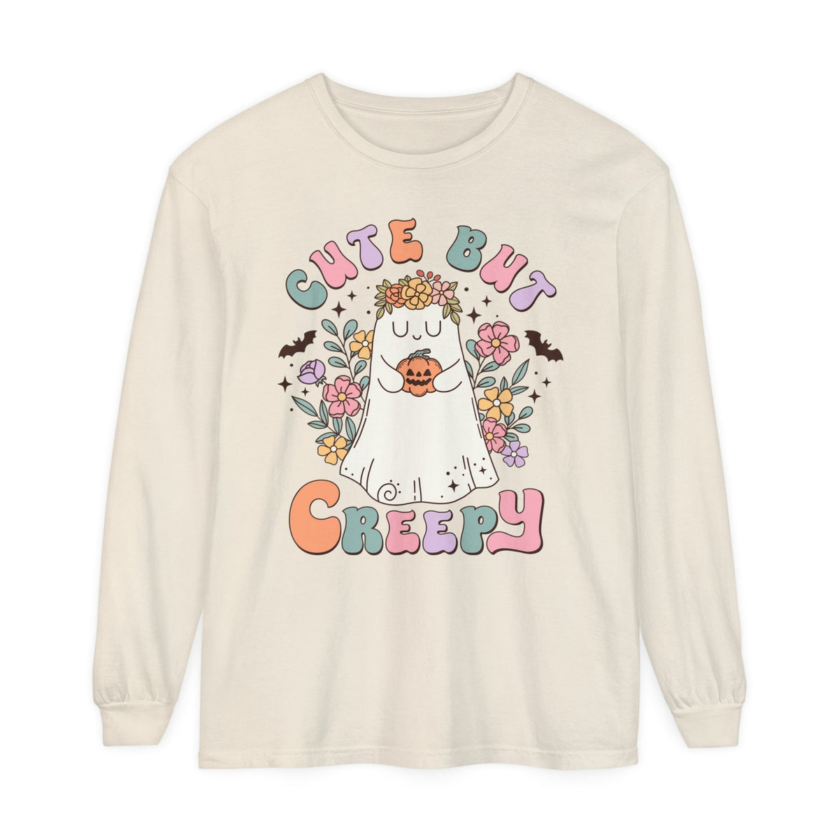 Cute But Creepy Halloween Long Sleeve T-Shirt - Floral Ghost with Pumpkin Graphic Tee