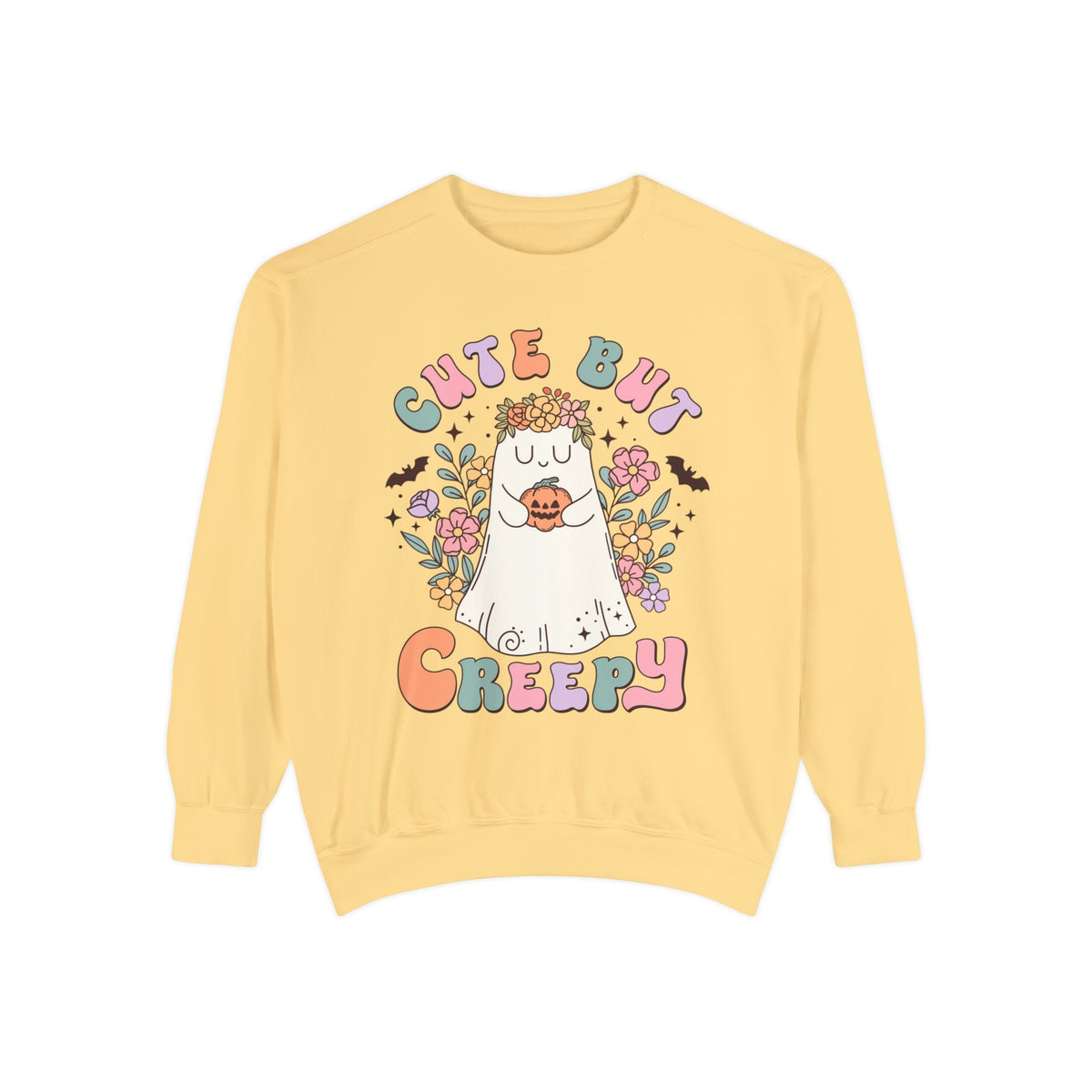 Cute But Creepy Halloween Sweatshirt - Floral Ghost with Pumpkin Graphic Sweater