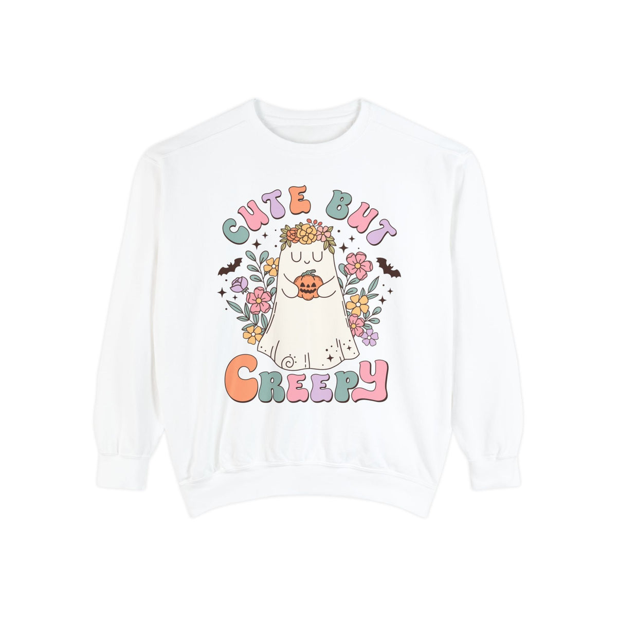 Cute But Creepy Halloween Sweatshirt - Floral Ghost with Pumpkin Graphic Sweater