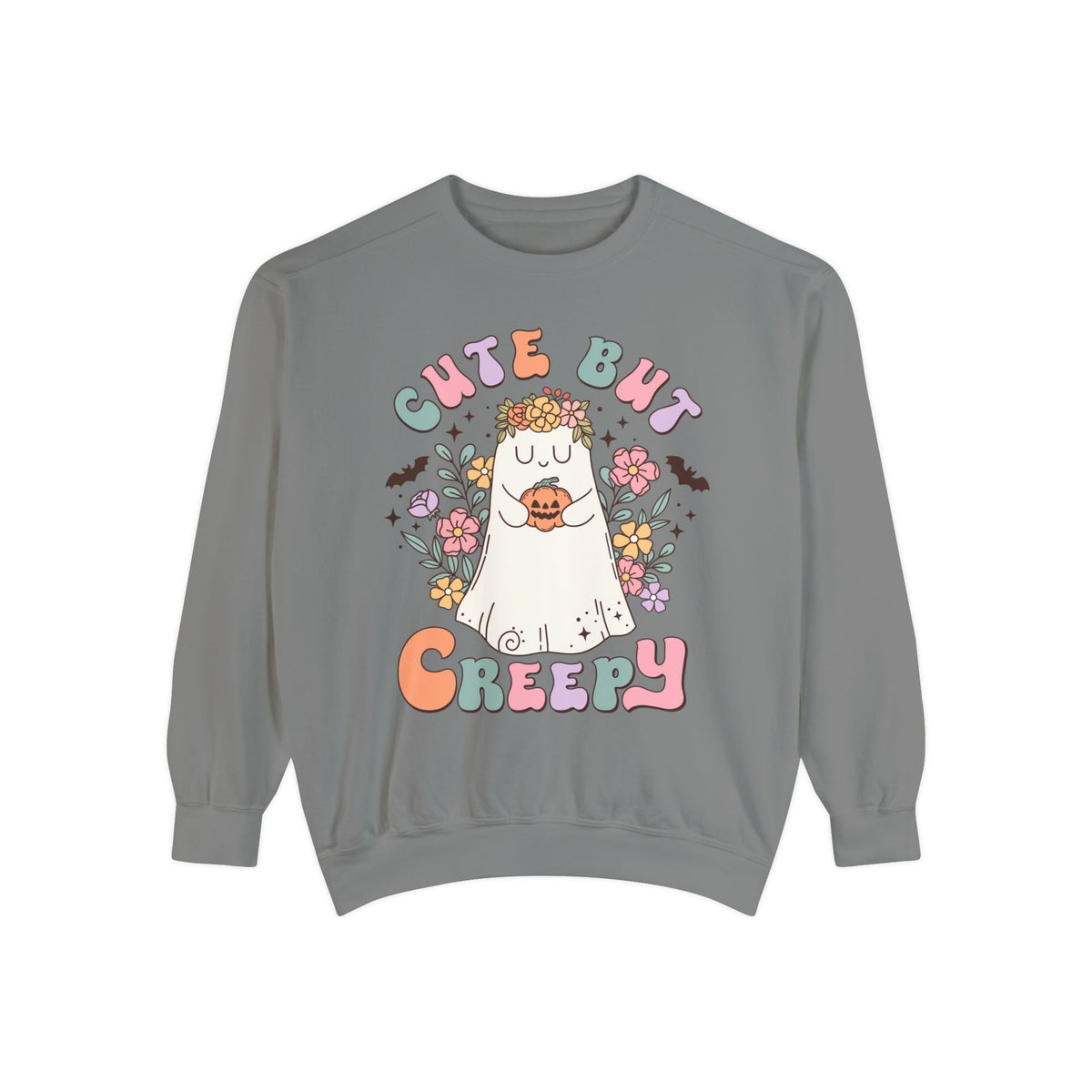 Cute But Creepy Halloween Sweatshirt - Floral Ghost with Pumpkin Graphic Sweater