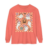 Cute Ghosts and Pumpkins Halloween Long Sleeve T-Shirt - Checkered Vintage Graphic Tee