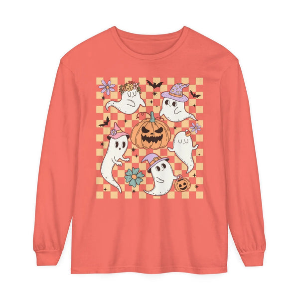 Cute Ghosts and Pumpkins Halloween Long Sleeve T-Shirt - Checkered Vintage Graphic Tee