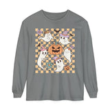 Cute Ghosts and Pumpkins Halloween Long Sleeve T-Shirt - Checkered Vintage Graphic Tee