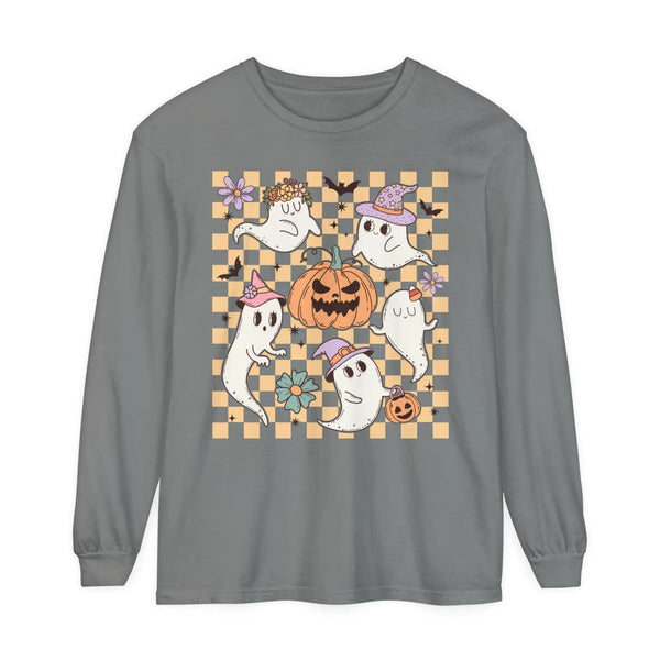 Cute Ghosts and Pumpkins Halloween Long Sleeve T-Shirt - Checkered Vintage Graphic Tee