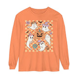 Cute Ghosts and Pumpkins Halloween Long Sleeve T-Shirt - Checkered Vintage Graphic Tee