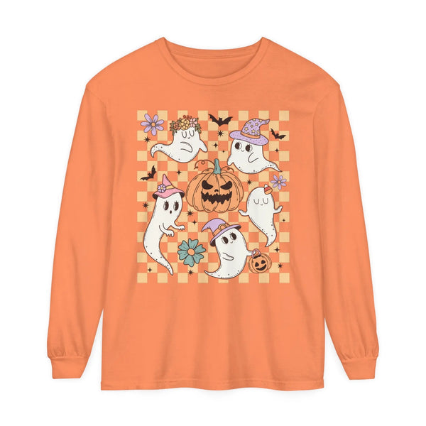 Cute Ghosts and Pumpkins Halloween Long Sleeve T-Shirt - Checkered Vintage Graphic Tee