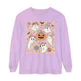 Cute Ghosts and Pumpkins Halloween Long Sleeve T-Shirt - Checkered Vintage Graphic Tee